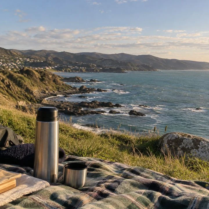 海岸边的野餐毯与茶杯,远处是山海风景